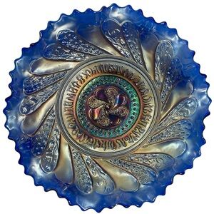 Antique 1910s Dugan Round Up Blue Carnival Glass Ruffled Plate Art Nouveau EAPG